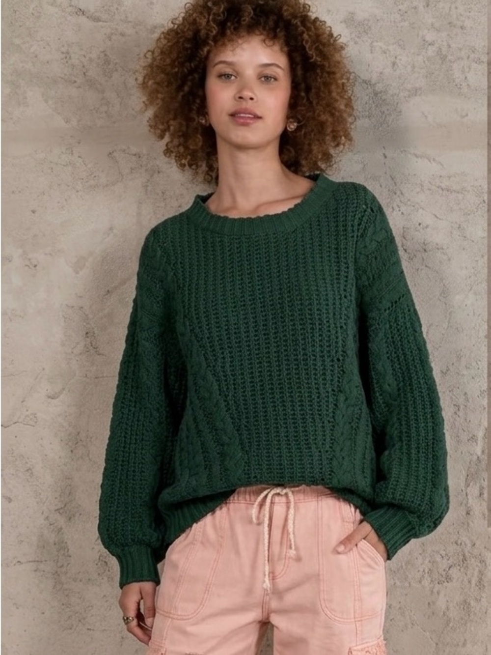 POL Clothing Oversized Cable Knit Chenille Sweater Green Large Boho Hygge Cozy